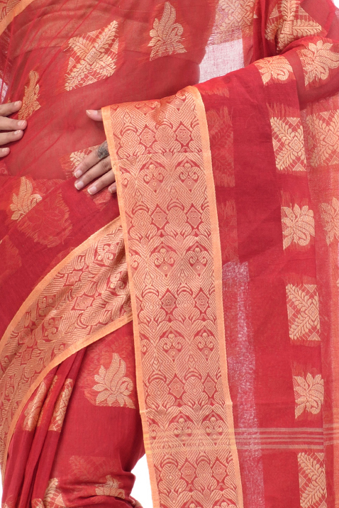 Red Pure Cotton Suparna Buti Tant Saree (760)
